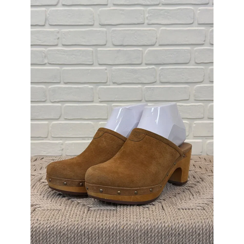 Ugg Studded Suede Platform Clogs Chestnut Wood Heel Size 6